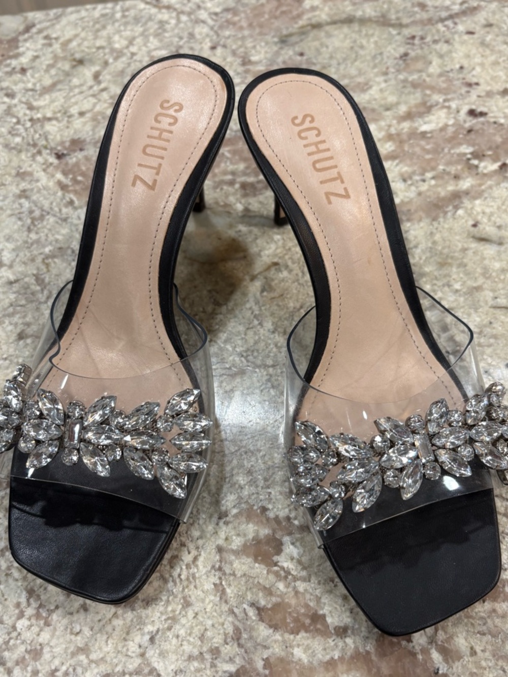 Schutz Black Clear Gem-Embellished Slide Low Heels Homecoming Wedding